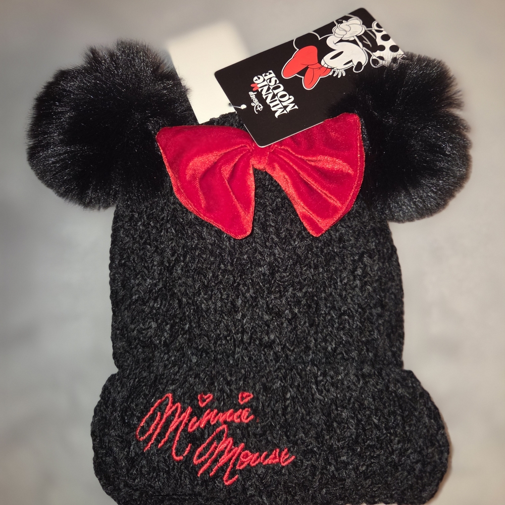 Disney Black Knit Minnie Mouse Hat with Red Bow and Pom Ears